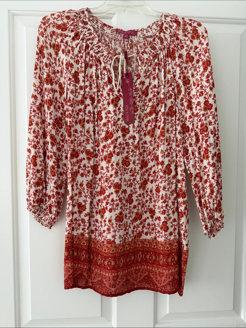 Boho Floral Smocked-Neck Blouse in Red on Cream